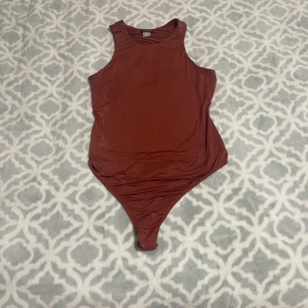 VENUS Women's Rust Ruched Thong Bodysuit Size L Sleeveless High Neck